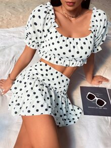 SHEIN VCAY Polka Dot Print Puff Sleeve Crop Top & Ruffle Hem Skirt - White - View 5