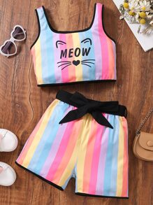 Girls Letter & Cartoon Graphic Contrast Binding Tank Top & Shorts - Multicolor - View 1