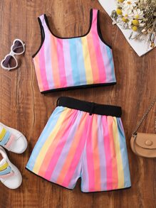Girls Letter & Cartoon Graphic Contrast Binding Tank Top & Shorts - Multicolor - View 2