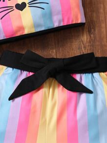 Girls Letter & Cartoon Graphic Contrast Binding Tank Top & Shorts - Multicolor - View 5