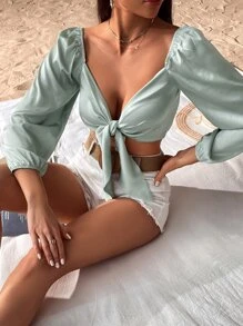 SHEIN VCAY Knot Front Lantern Sleeve Crop Blouse - Green - View 5