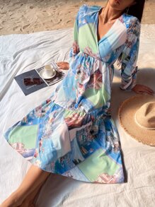 Mulvari 圍巾圖案荷葉邊A字連衣裙 - 彩色 - 查看 1