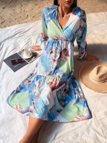 Mulvari 圍巾圖案荷葉邊A字連衣裙 - 彩色 - 查看 3