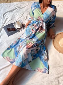 Mulvari 圍巾圖案荷葉邊A字連衣裙 - 彩色 - 查看 4