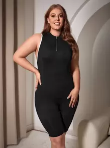 SHEIN SXY Plus Contrast Binding Half Zip Unitard Romper - Black - View 3