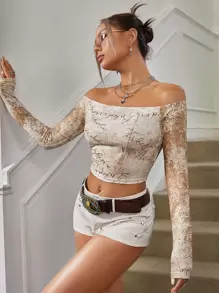 SHEIN ICON Graffiti Print Off Shoulder Crop Tee - Khaki - View 3