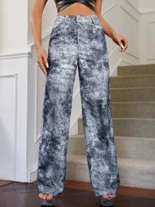 SHEIN ICON Letter Graphic Straight Leg Trousers - Grey - View 1