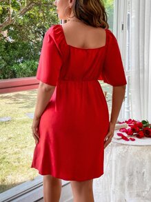 Celure 大碼雞心領口蝴蝶袖圍裹側打結連衣裙 - 紅色 - 查看 3