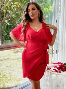 Celure 大碼雞心領口蝴蝶袖圍裹側打結連衣裙 - 紅色 - 查看 4