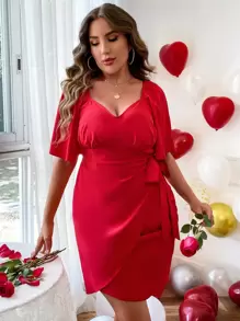 Celure 大碼雞心領口蝴蝶袖圍裹側打結連衣裙 - 紅色 - 查看 5