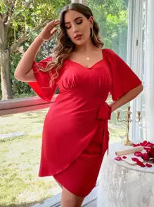 Celure 大碼雞心領口蝴蝶袖圍裹側打結連衣裙 - 紅色 - 查看 7