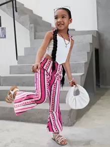 SHEIN 小女童1入組肩部蝴蝶結吊帶上衣和1入組條紋圖案喇叭褲 - 彩色 - 查看 1