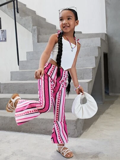 SHEIN 小女童1入組肩部蝴蝶結吊帶上衣和1入組條紋圖案喇叭褲