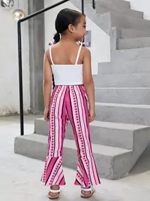 SHEIN 小女童1入組肩部蝴蝶結吊帶上衣和1入組條紋圖案喇叭褲 - 彩色 - 查看 2