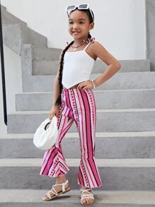 SHEIN 小女童1入組肩部蝴蝶結吊帶上衣和1入組條紋圖案喇叭褲 - 彩色 - 查看 3