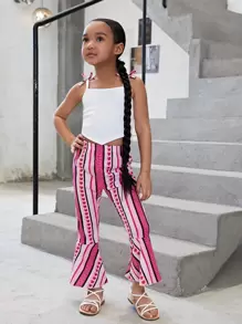 SHEIN 小女童1入組肩部蝴蝶結吊帶上衣和1入組條紋圖案喇叭褲 - 彩色 - 查看 4