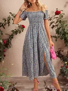 SHEIN VCAY 小碎花抽褶細節一字肩高衩連衣裙 - 彩色 - 查看 6