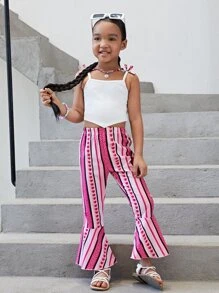 SHEIN 小女童1入組肩部蝴蝶結吊帶上衣和1入組條紋圖案喇叭褲 - 彩色 - 查看 5