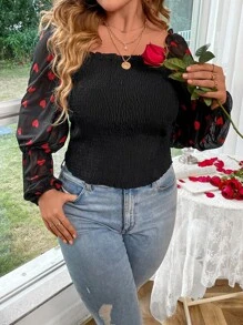 Celure Plus Heart Print Square Neck Lantern Sleeve Blouse - Black - View 2