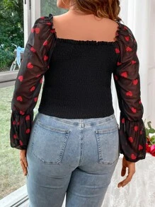 Celure Plus Heart Print Square Neck Lantern Sleeve Blouse - Black - View 3