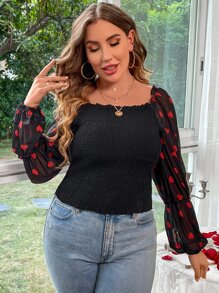 Celure Plus Heart Print Square Neck Lantern Sleeve Blouse - Black - View 4