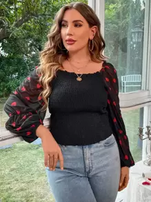 Celure Plus Heart Print Square Neck Lantern Sleeve Blouse - Black - View 5