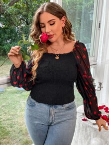 Celure Plus Heart Print Square Neck Lantern Sleeve Blouse - Black - View 6