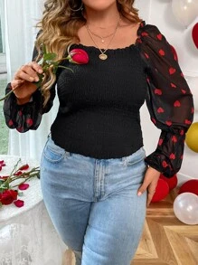 Celure Plus Heart Print Square Neck Lantern Sleeve Blouse - Black - View 7