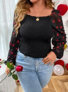 Celure Plus Heart Print Square Neck Lantern Sleeve Blouse - Black - View 1