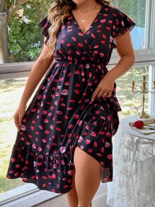 SHEIN LUNE Vestido con cinturón con estampado de labio de manga mariposa bajo con fruncido - Multicolor - Ver 1