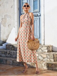 SHEIN VCAY Allover Floral Print Halter Neck Dress - Khaki - View 3