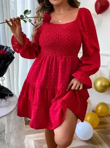 SHEIN Holidaya 大碼圓點荷葉袖荷葉邊連衣裙 - 玫瑰紅 - 查看 1