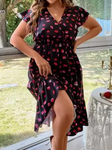 SHEIN LUNE Vestido con cinturón con estampado de labio de manga mariposa bajo con fruncido - Multicolor - Ver 4