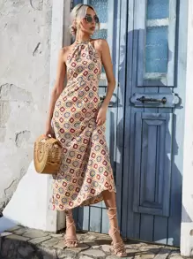 SHEIN VCAY Allover Floral Print Halter Neck Dress - Khaki - View 6