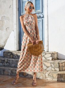 SHEIN VCAY Allover Floral Print Halter Neck Dress - Khaki - View 7