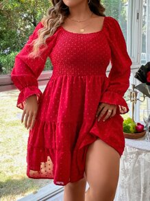 SHEIN Holidaya 大碼圓點荷葉袖荷葉邊連衣裙 - 玫瑰紅 - 查看 3