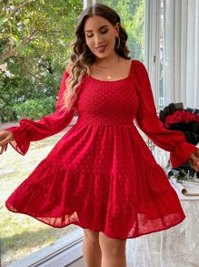 SHEIN Holidaya 大碼圓點荷葉袖荷葉邊連衣裙 - 玫瑰紅 - 查看 4
