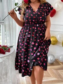 SHEIN LUNE Vestido con cinturón con estampado de labio de manga mariposa bajo con fruncido - Multicolor - Ver 7