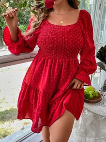 SHEIN Holidaya 大碼圓點荷葉袖荷葉邊連衣裙 - 玫瑰紅 - 查看 6