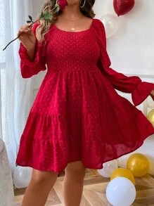 SHEIN Holidaya 大碼圓點荷葉袖荷葉邊連衣裙 - 玫瑰紅 - 查看 7