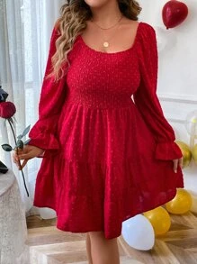 SHEIN Holidaya 大碼圓點荷葉袖荷葉邊連衣裙 - 玫瑰紅 - 查看 8