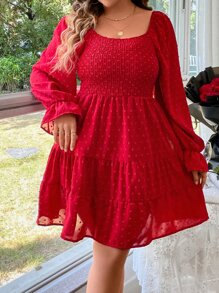 SHEIN Holidaya 大碼圓點荷葉袖荷葉邊連衣裙 - 玫瑰紅 - 查看 9