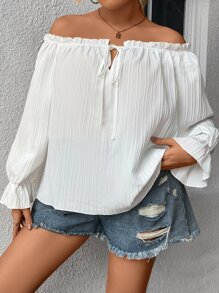 SHEIN Holidaya Plus Off Shoulder Tie Front Frill Trim Flounce Sleeve Blouse - White - View 1