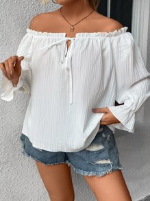 SHEIN Holidaya Plus Off Shoulder Tie Front Frill Trim Flounce Sleeve Blouse - White - View 3