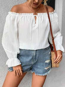 SHEIN Holidaya Plus Off Shoulder Tie Front Frill Trim Flounce Sleeve Blouse - White - View 6