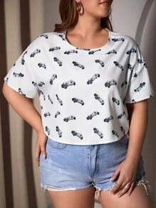 SHEIN SXY Camiseta de hombros caídos con estampado de coche - Blanco - Ver 3