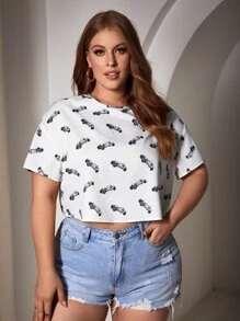 SHEIN SXY Camiseta de hombros caídos con estampado de coche - Blanco - Ver 4