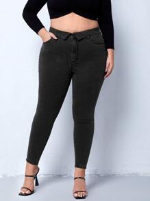 Plus Folded Waist Skinny Jeans - Black - View 1