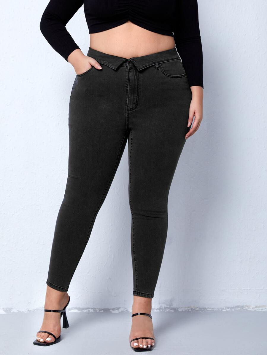 Plus Folded Waist Skinny Jeans - Black - View 1
