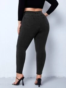 Plus Folded Waist Skinny Jeans - Black - View 2